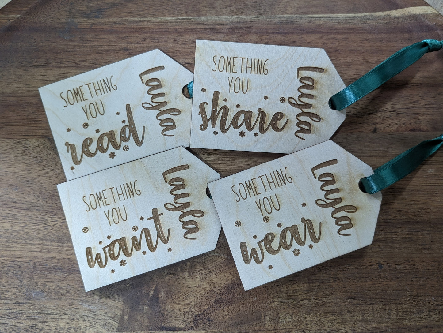 Set of 4 Custom Wooden Gift Tags Made of Wood with - Something You Wear Need Want and Read - Set of 4 Personalized Gifts
