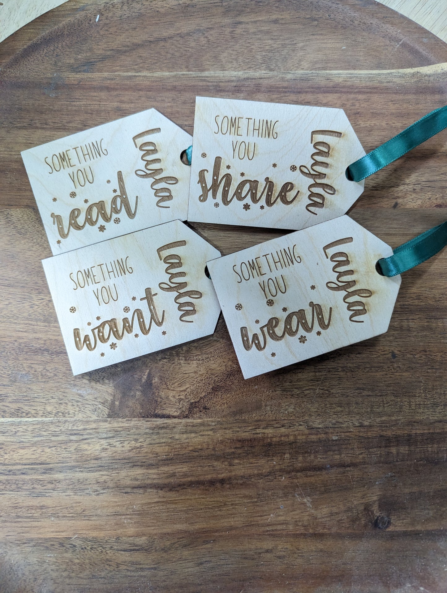 Set of 4 Custom Wooden Gift Tags Made of Wood with - Something You Wear Need Want and Read - Set of 4 Personalized Gifts