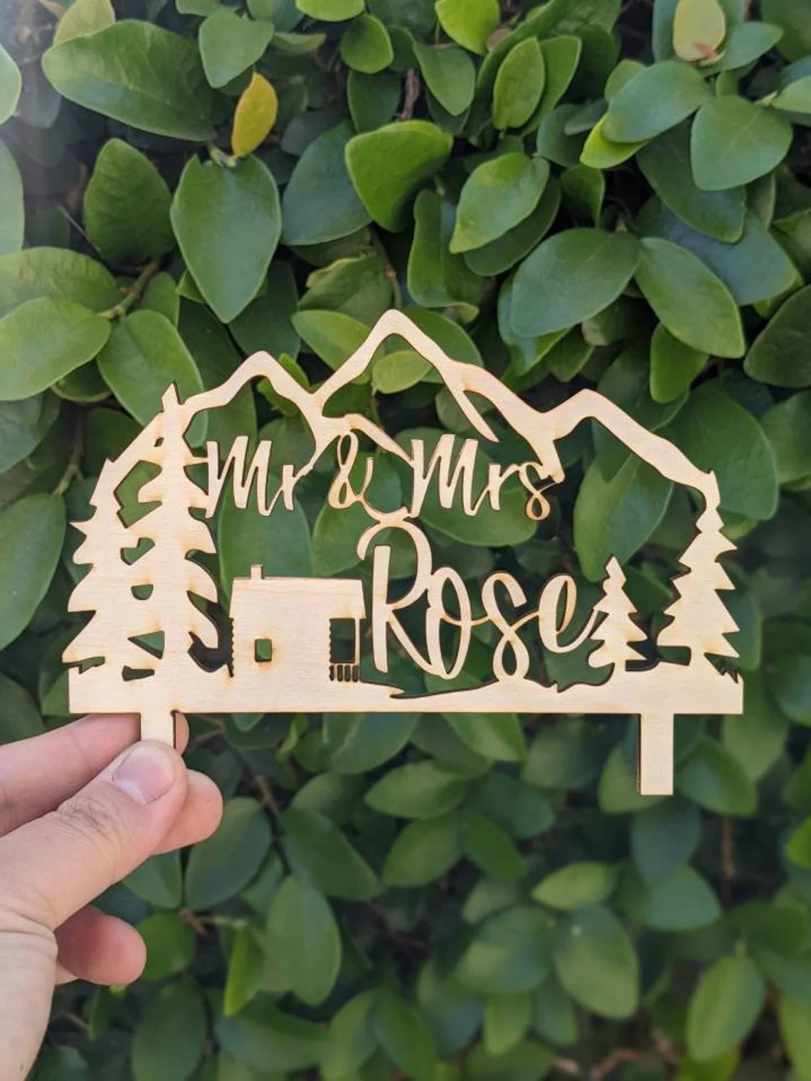 Custom Mr and Mrs Last Name The Great Outdoors Cabin Wedding Grooms Bride Natural Raw Wood Cake Topper