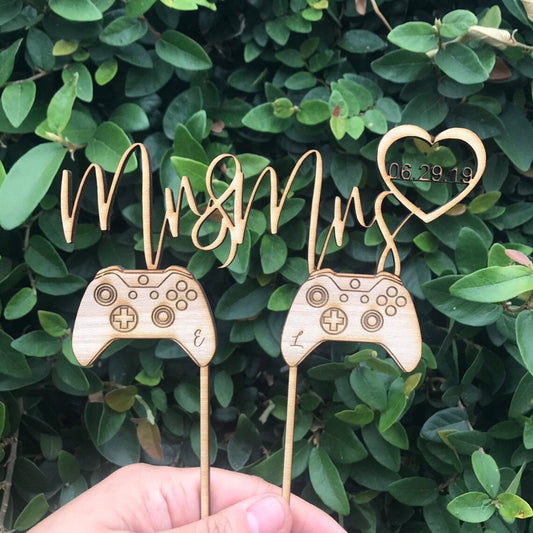 Custom Mr and Mrs Video XBox X Box ONE 360 Nintendo Gamer Controller Inspired Date Game Natural Wood Cake Pie Topper