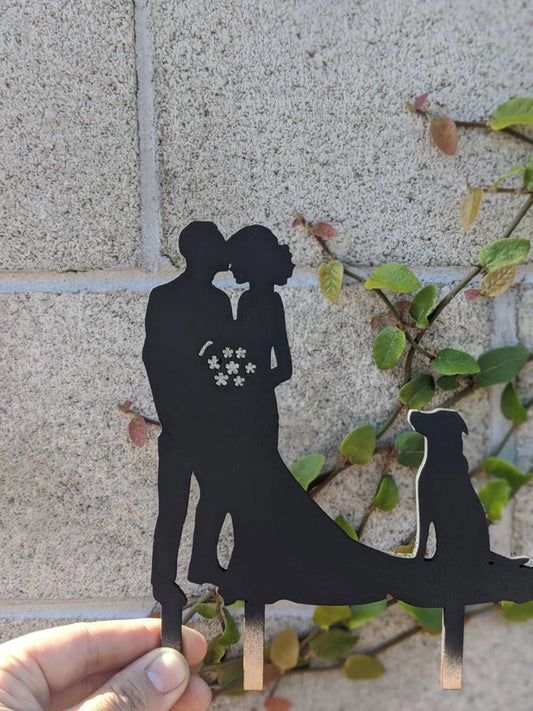 Wedding Cake Topper with Bride Groom and Dog Custom Rustic Cake Topper Silhouette Design