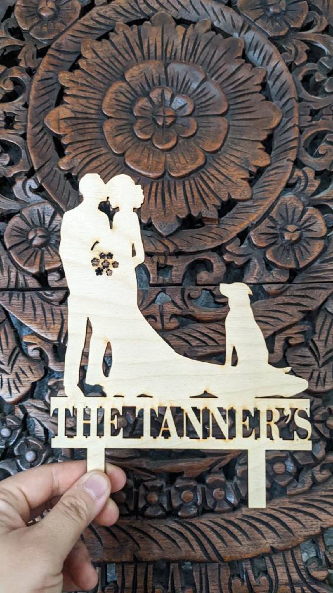 Wedding Cake Topper with Bride Groom and Dog Custom Rustic Cake Topper Silhouette Design