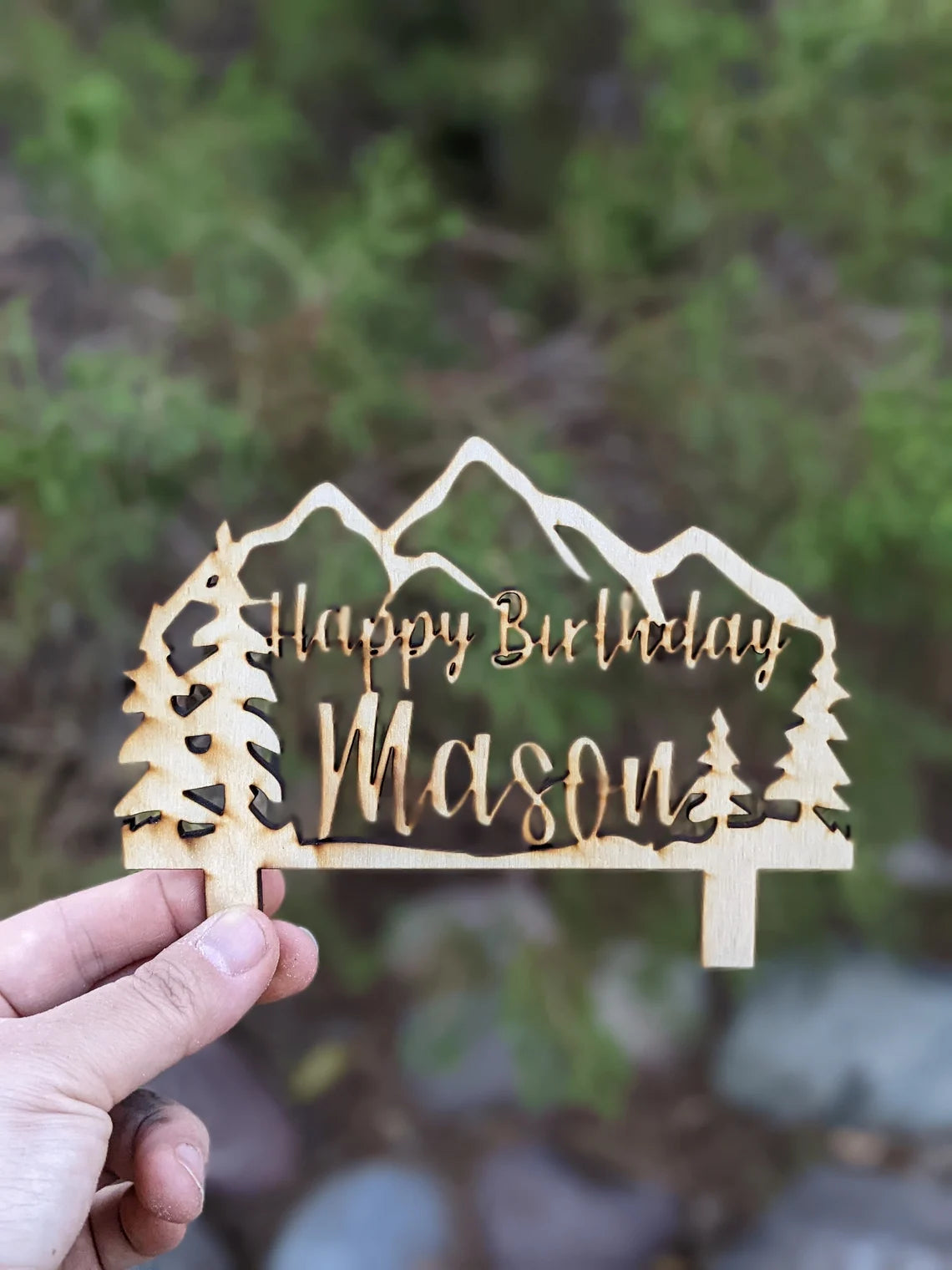 Personalized Custom Adventure Happy Birthday The Great Outdoors Birthday Natural Outdoors Raw Wood Cake Topper