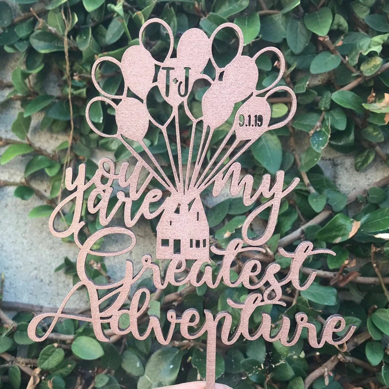 You Are My Greatest Adventure Up Balloons House Wedding Cake Topper With Initial Cut Outs and Date - Keepsake Wedding Cake Balloon Toppers