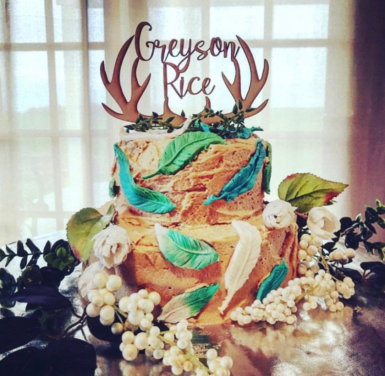 Personalized Name Wood Deer Antler Cake Topper