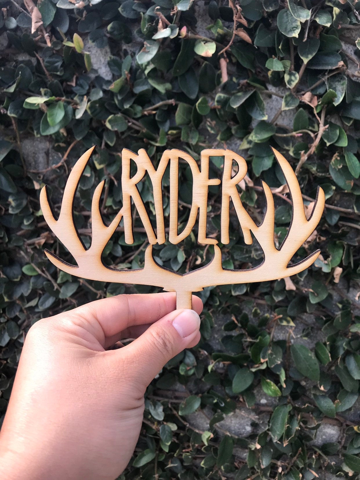 Personalized Baby Name Wood Deer Antler Cake Topper (in Print Font)
