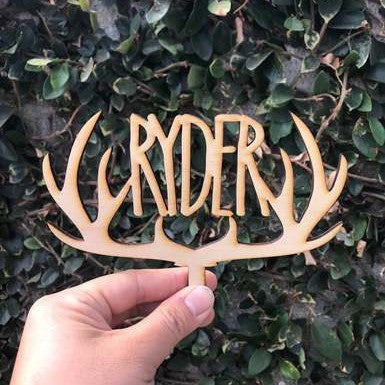 Custom Personalized Baby Name Wood Deer Antler Cake Topper (in Print Font) -  Winter Woodland Themed Baby Shower or Birthday