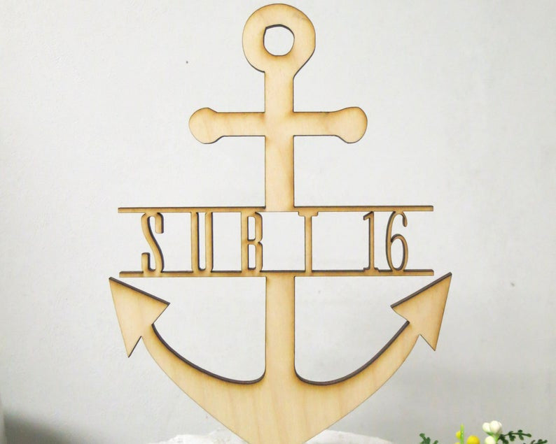 PERSONALIZED Custom Grooms Cake or Birthday or Wedding Wood Anchor Cake Topper with Name or Last Name