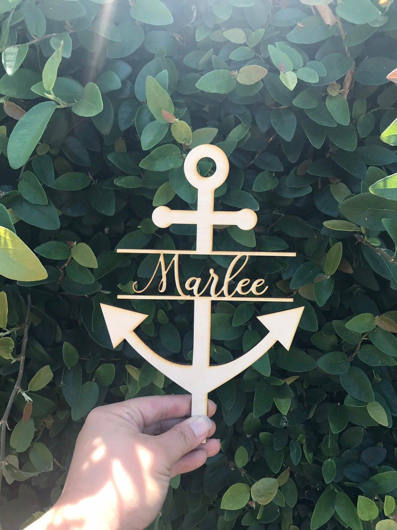 PERSONALIZED Custom Grooms Cake or Birthday or Wedding Wood Anchor Cake Topper with Script Font Name or Last Name