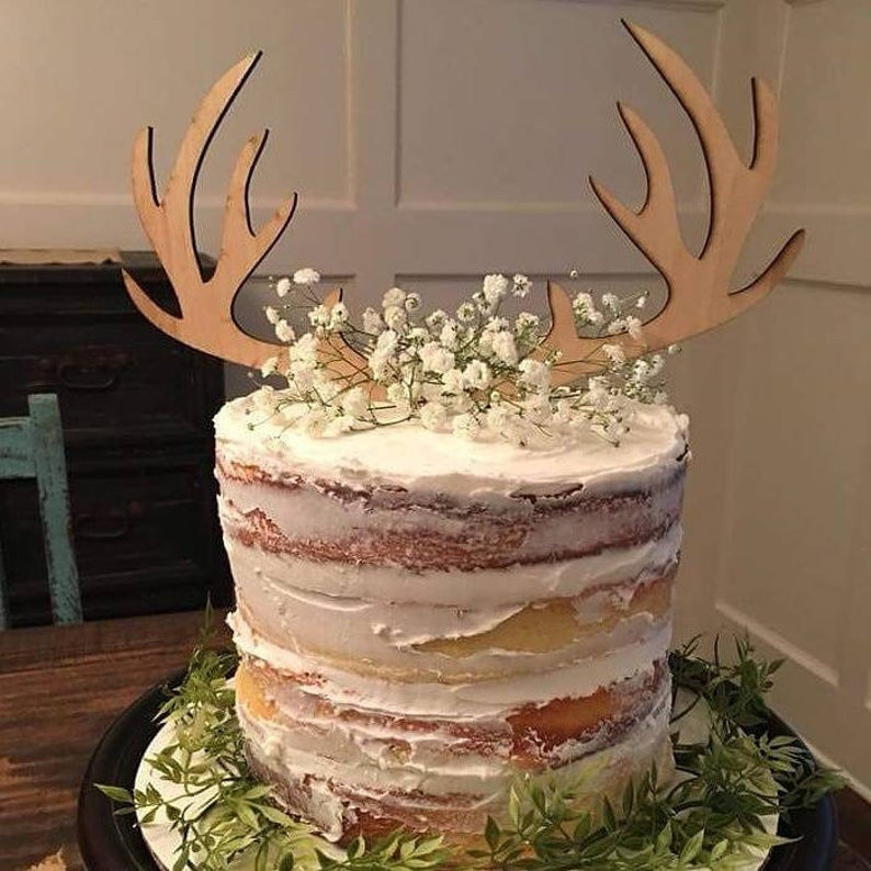 Custom Wood Deer Antler Natural Wood Laser Cut Cake Topper Winter Woodland Themed Baby Shower Wedding