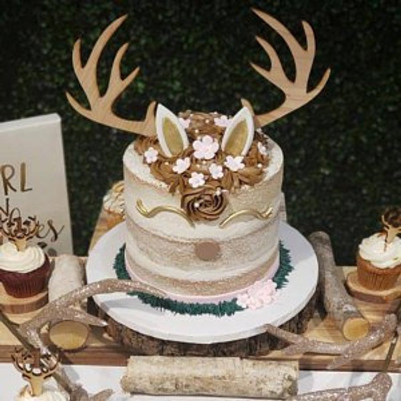 Custom Wood Deer Antler Natural Wood Laser Cut Cake Topper Winter Woodland Themed Baby Shower Wedding