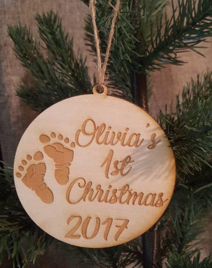 Personalized Baby's 1st Christmas Ornament Footprints Wood Baby Gift Shower Girl Boy Newborn Keepsake