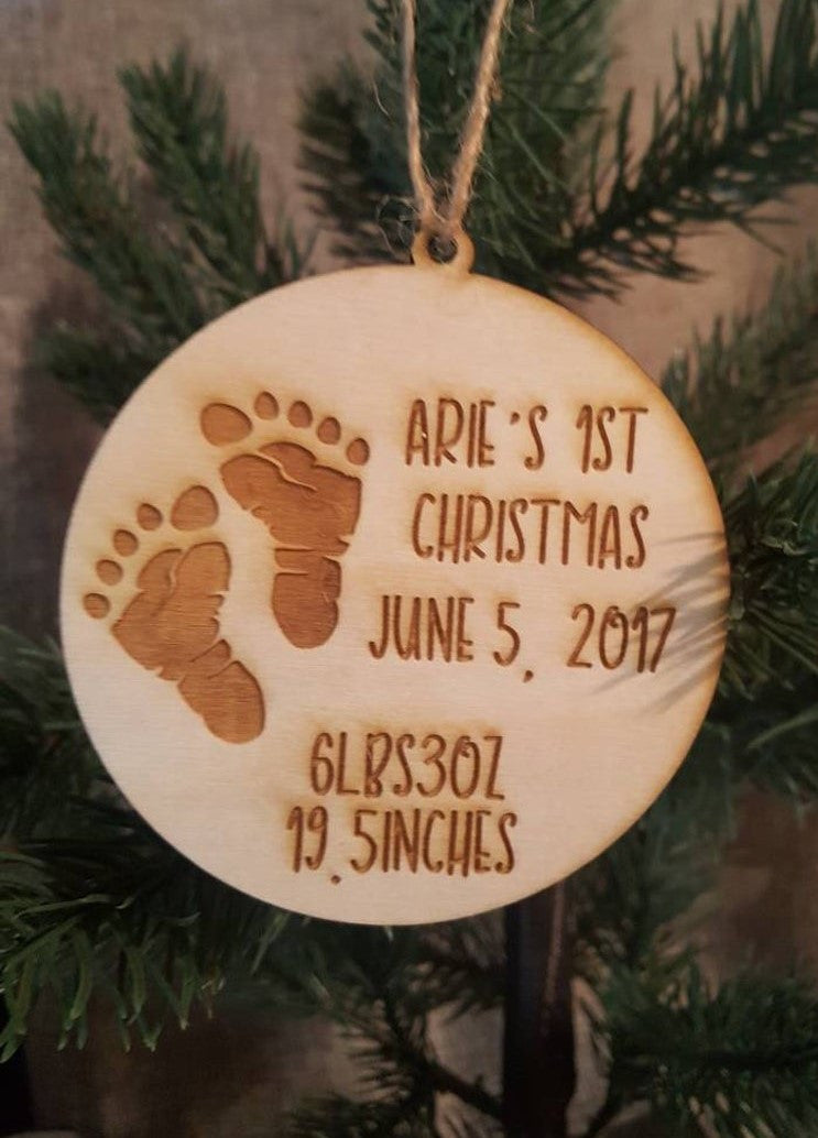 Personalized Baby's First Christmas Ornament Footprints #3 Wood Baby Gift Shower Girl Boy Newborn Keepsake Name Date Weight and Inches