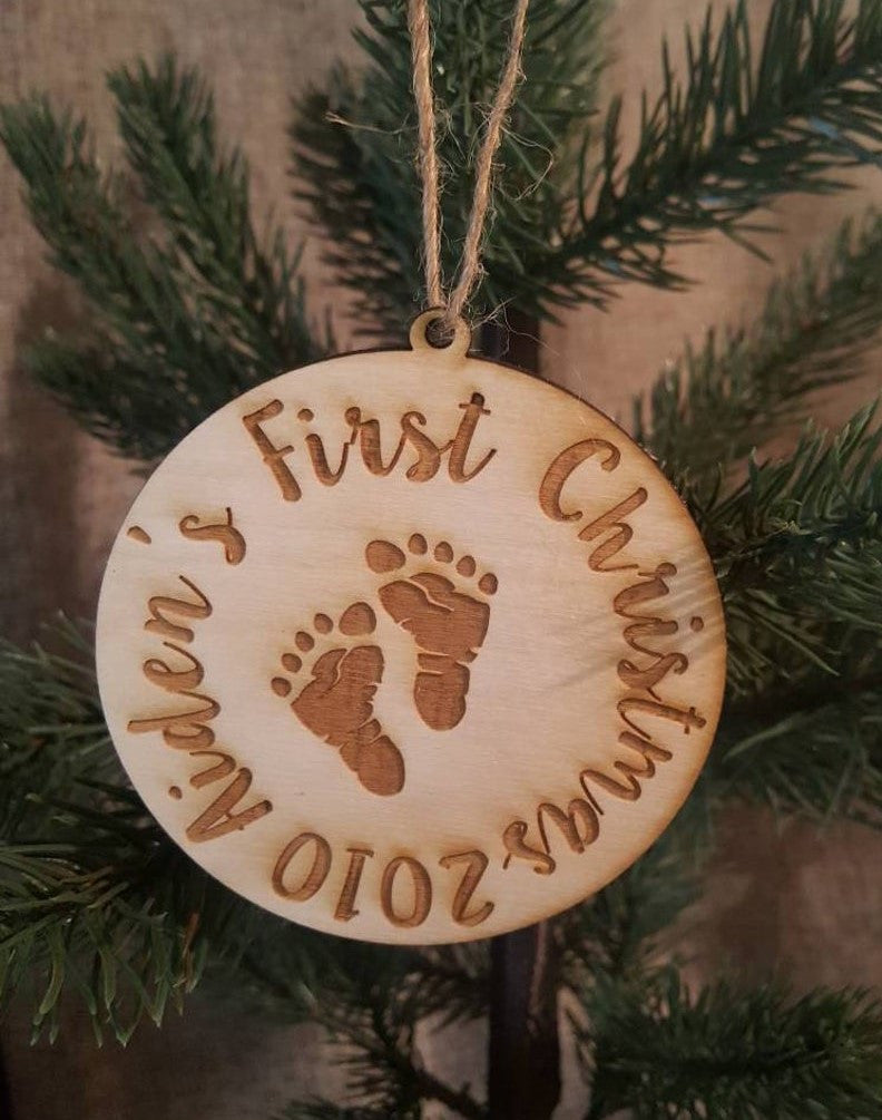 Personalized Baby's First Christmas Ornament Footprints Wood Baby Gift Shower Girl Boy Newborn Keepsake