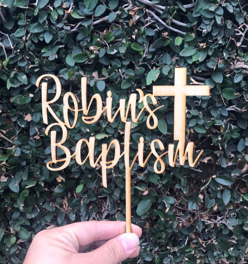 Custom Personalized  Baptism Name with Cross Natural Wood Cake Topper