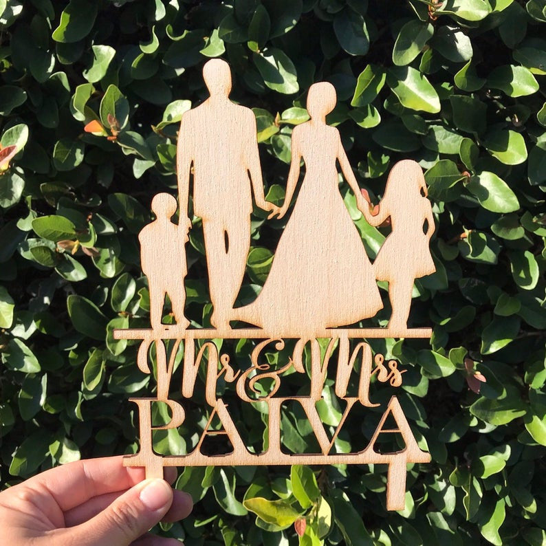 PERSONALIZED Wedding Cake Topper with Bride Groom with Son and Daughter Custom Rustic Couple and Kid Cake Topper Personalized