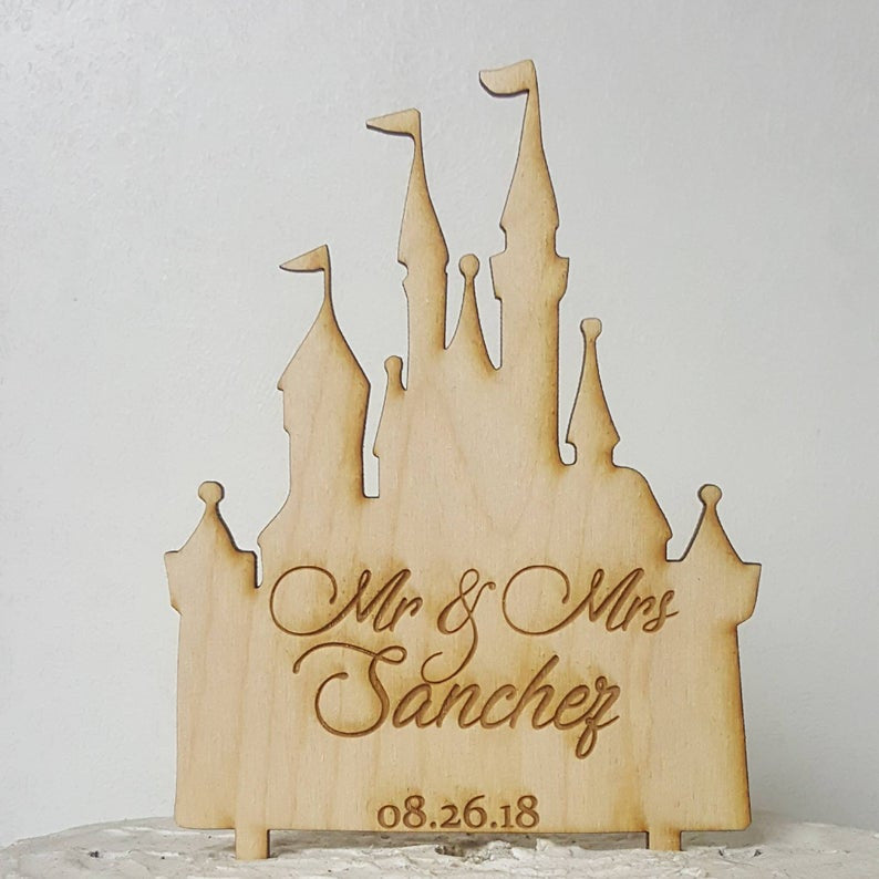 Custom Personalized Mr and Mrs Last Name and Date Wood Disney Princess Castle Wedding Cake Topper
