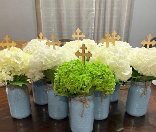 Custom Cross Natural Wood Mason Jar Centerpieces Set of 4 Crosses raw or painted