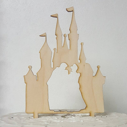 Custom Disney Lover Princess Castle Prince and Cinderella Silhouette Wood Wedding Cake Topper