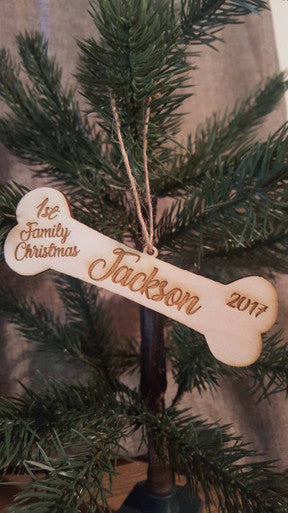 Personalized Christmas Tree Dog Bone Ornament with Customized Name + Year