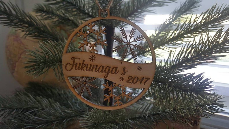 Personalized Family Christmas Ornament Snowflakes Cut Out Wood House Warming Holiday Thoughtful Keepsake Gift