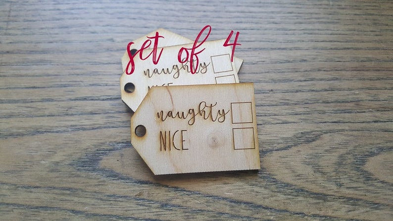 Custom Wooden Gift Tags Made of Wood with - Naughty or Nice Checkbox - Set of 4