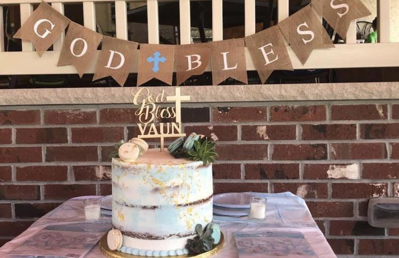 Personalized God Bless Baptism Name with Cross Cake Topper