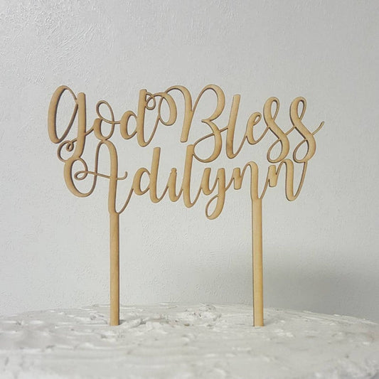God Bless with Personalized Child's Name Baptism Day Custom Natural Wood Cake or Pie Topper