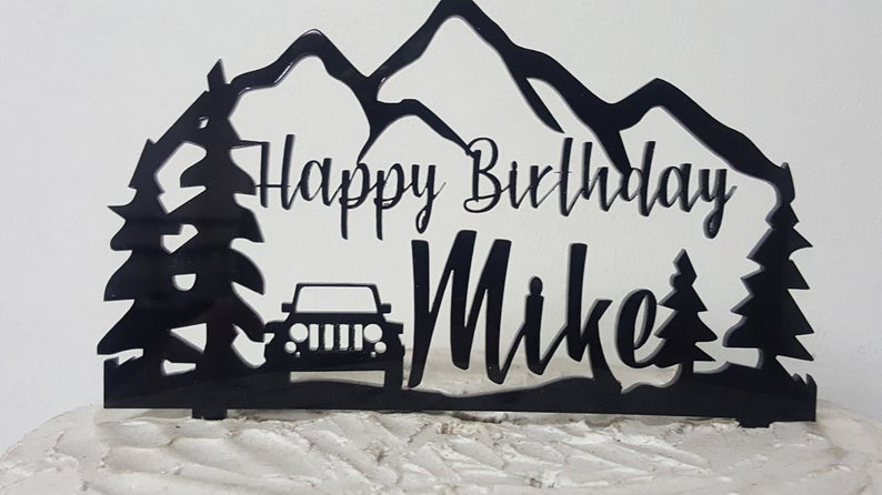 Custom Personalized The Great Outdoors and Jeep Name and Birthday Natural Wood Cake Topper