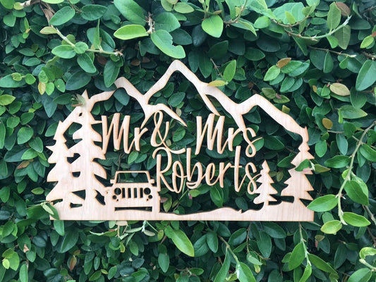 Custom Personalized Mr and Mrs Last Name The Great Outdoors Jeep Wedding Grooms Bride Natural Raw Wood Cake Topper