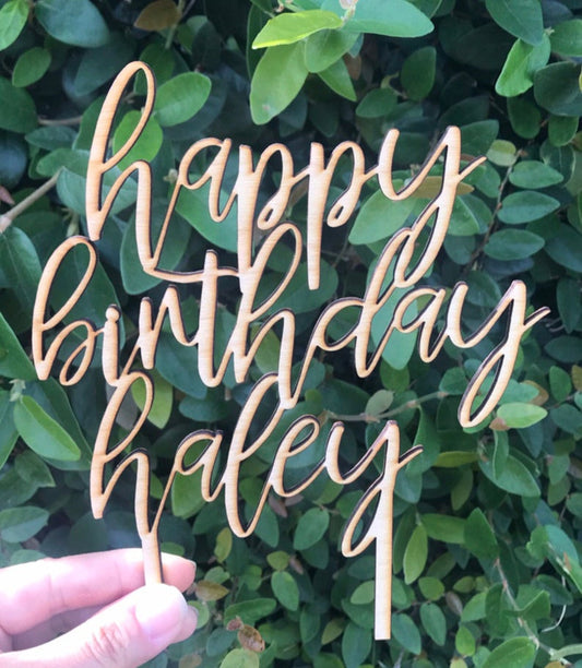 Custom PERSONALIZED Happy Birthday Custom Name Raw Natural Wood Cake Topper