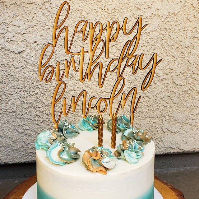 Custom PERSONALIZED Happy Birthday Custom Name Raw Natural Wood Cake Topper