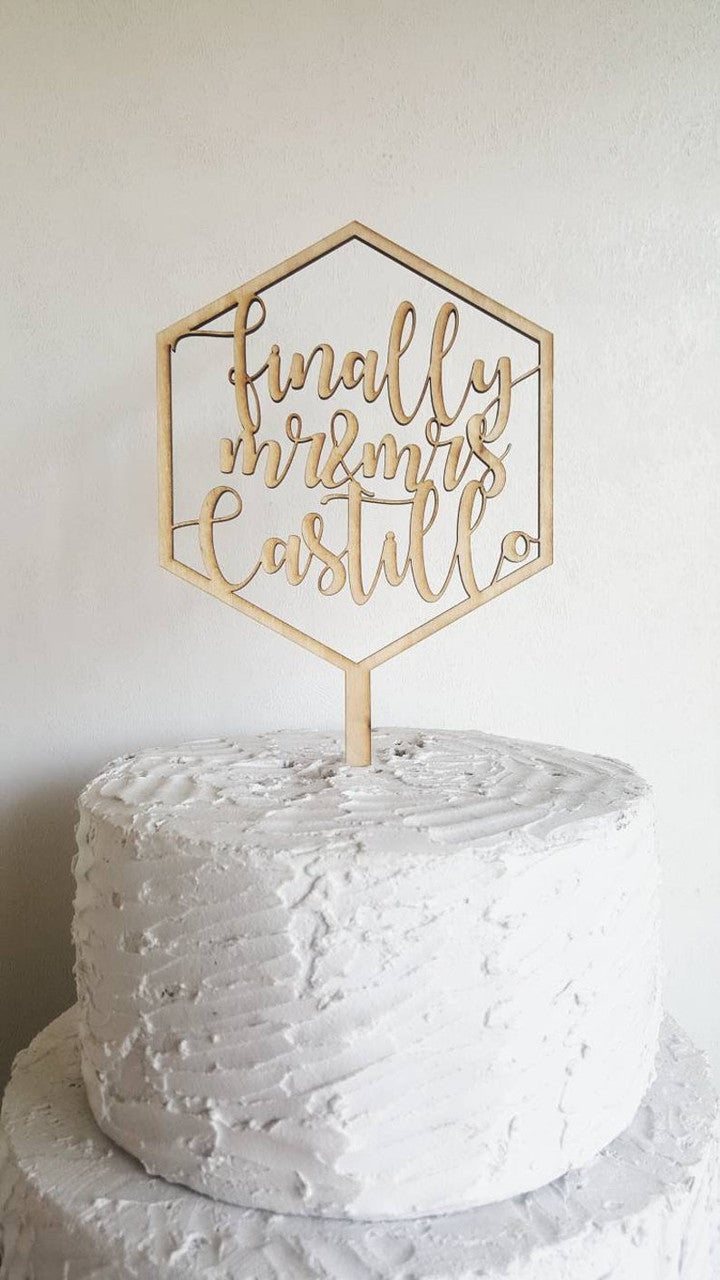 Custom Personalized Mr and Mrs Last Name Wood Geometric Wedding Cake Topper