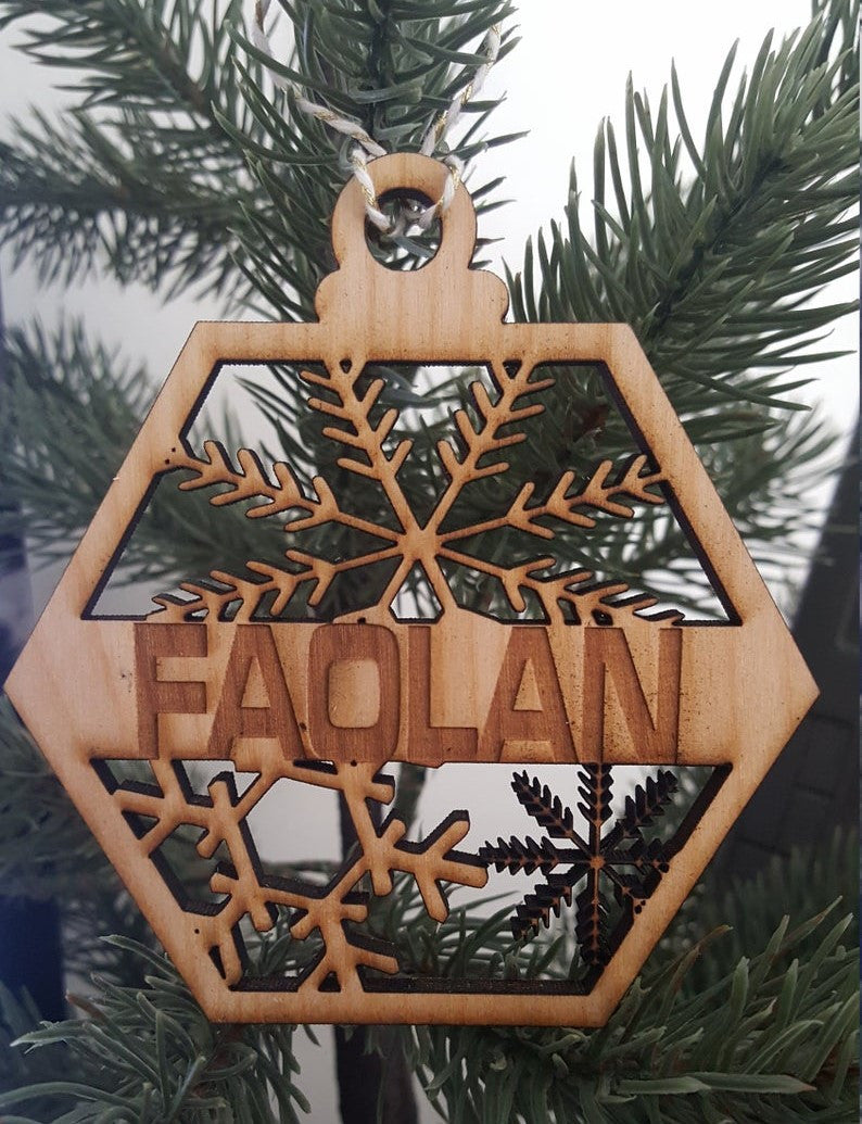 Personalized Name Christmas Hexagon Ornament Snowflakes Wood Baby Gift Shower Girl Boy Newborn Keepsake