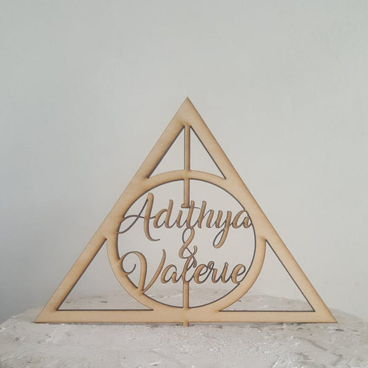 Custom Personalized  Harry Potter Inspired Geometric Name Mr and Mrs Wedding Custom Natural Wood Cake Topper