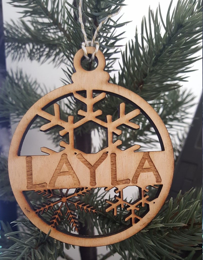 Personalized Name Christmas Round Ornament Snowflakes Wood Baby Gift Shower Girl Boy Newborn Keepsake
