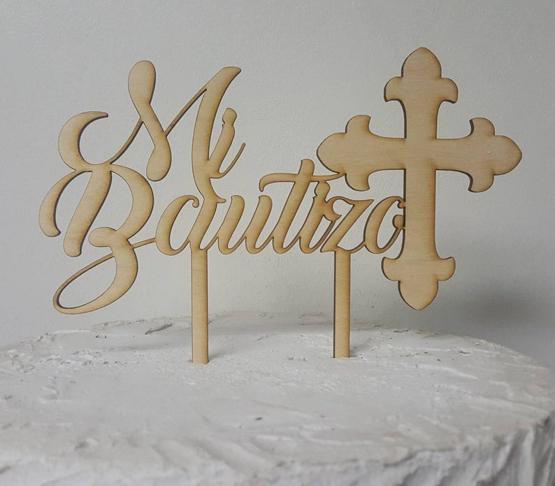 Mi Bautizo Baptism Natural Wood Religious Celebration Cake Topper Laser Cut