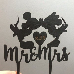 Custom Mr and Mrs Disney Inspired Mickey and Minnie with Date Wedding Natural Wood Cake Topper