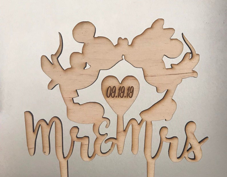Custom Mr and Mrs Disney Inspired Mickey and Minnie with Date Wedding Natural Wood Cake Topper