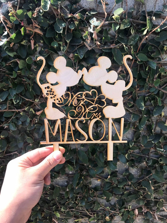 Custom Personalized Mr and Mrs Disney Inspired Mickey and Minnie with Name Wedding Natural Wood Cake Topper
