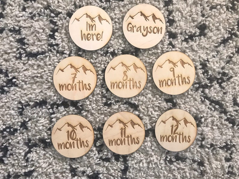 Mountain Themed Baby Monthly Milestone plaques with Name and I'm here! Laser Cut Wood Photo Prop Sign