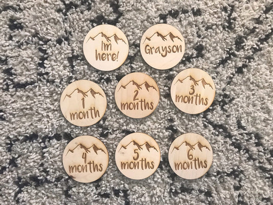 Mountain Themed Baby Monthly Milestone plaques with Name and I'm here! Laser Cut Wood Photo Prop Sign