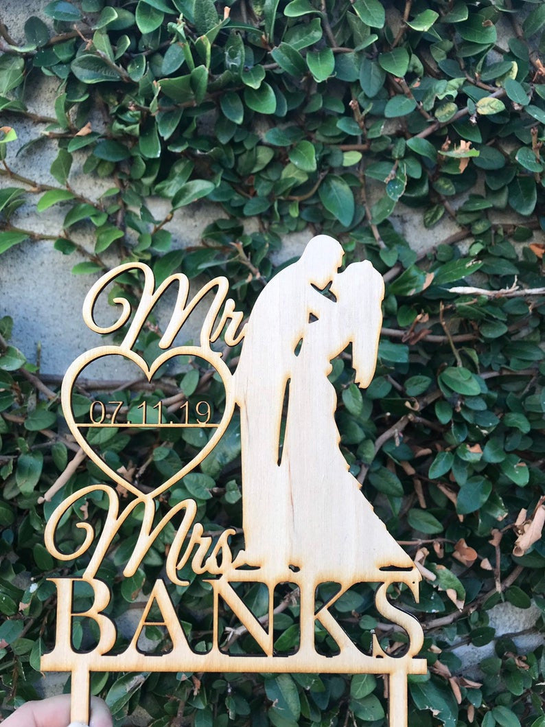 Custom Personalized  Mr and Mrs Last Name + Date Wedding Natural Wood Cake Topper Fancy Toppers Rustic and Beautiful
