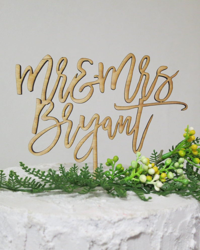 Custom Personalized Mr & Mrs Last Name Natural Wood Wedding Trendy Script Customized Wedding Cake Topper