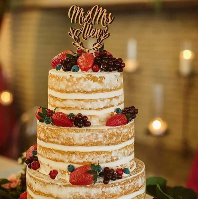 Custom Personalized Mr and Mrs Custom Name Wreath Wedding Natural Wood Cake Topper