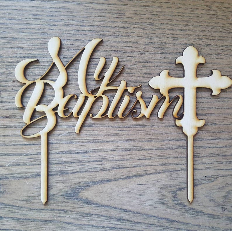 My Baptism with Cross Natural Wood Religious Celebration Cake Topper Laser Cut