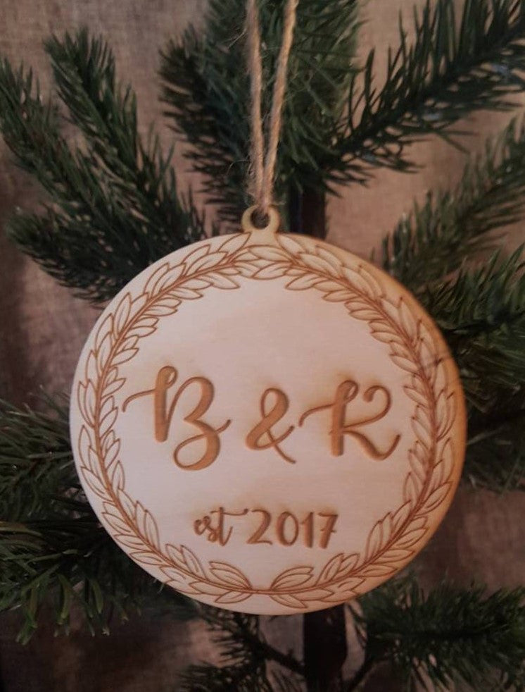 Personalized Christmas Initials+ Established Year Ornament Newlyweds Bridal Shower Wedding Mr. and Mrs. Wood Mr & Mrs Keepsake
