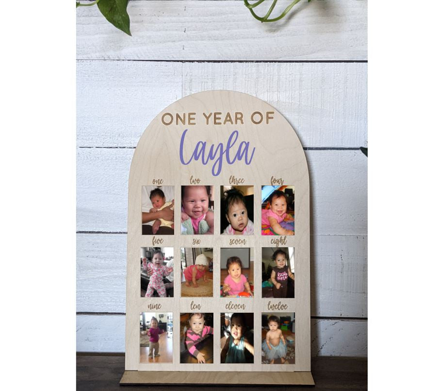 Wallet Size One Year + Personalized Name Birthday Memory Photo Board | First Birthday Picture Board | Baby's Milestone Board