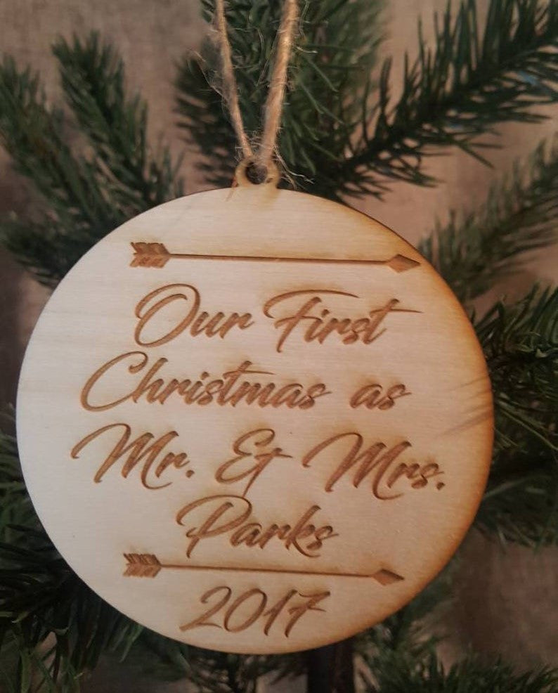 Personalized Our First Christmas as Mr and Mrs Ornament Newlyweds Bridal Shower Wedding Mr. and Mrs. Wood Mr & Mrs Keepsake