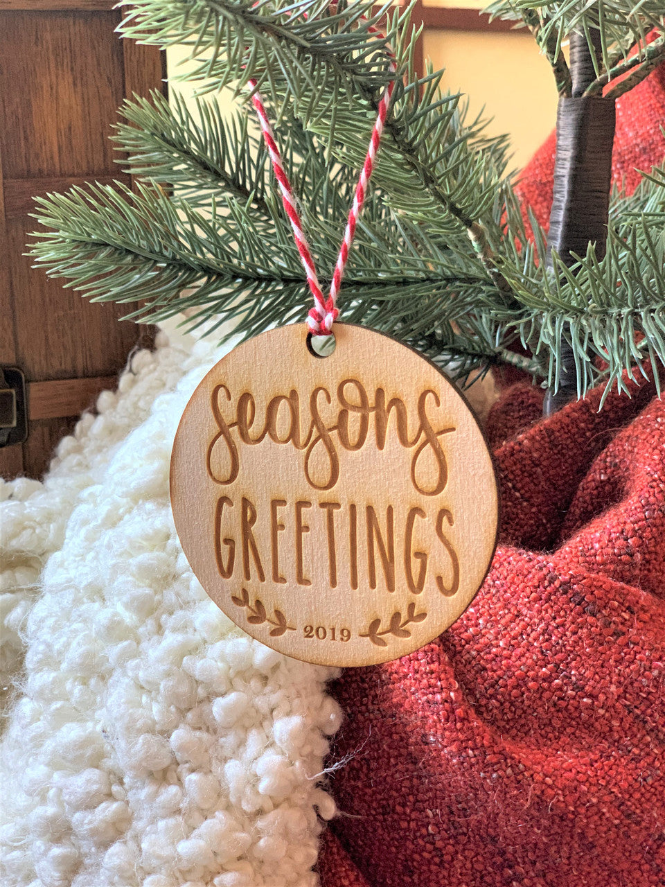 Season's Greetings 2019 Christmas Ornaments Gift Tags Engraved Wood Ornaments